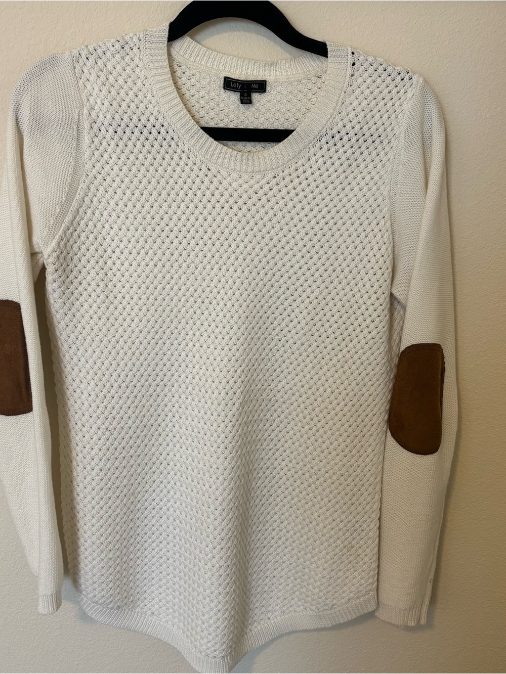 Stitch Fix Cream Knit Sweater with Brown Elbow Patches